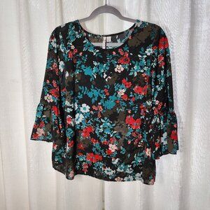 Dress shirt, black, with pink, green, red flowers, Elle Brand, Med